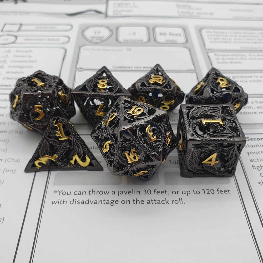 Black gold hollow dragon dice set