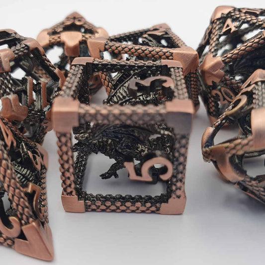 Encapsulated copper dragon metal dice set